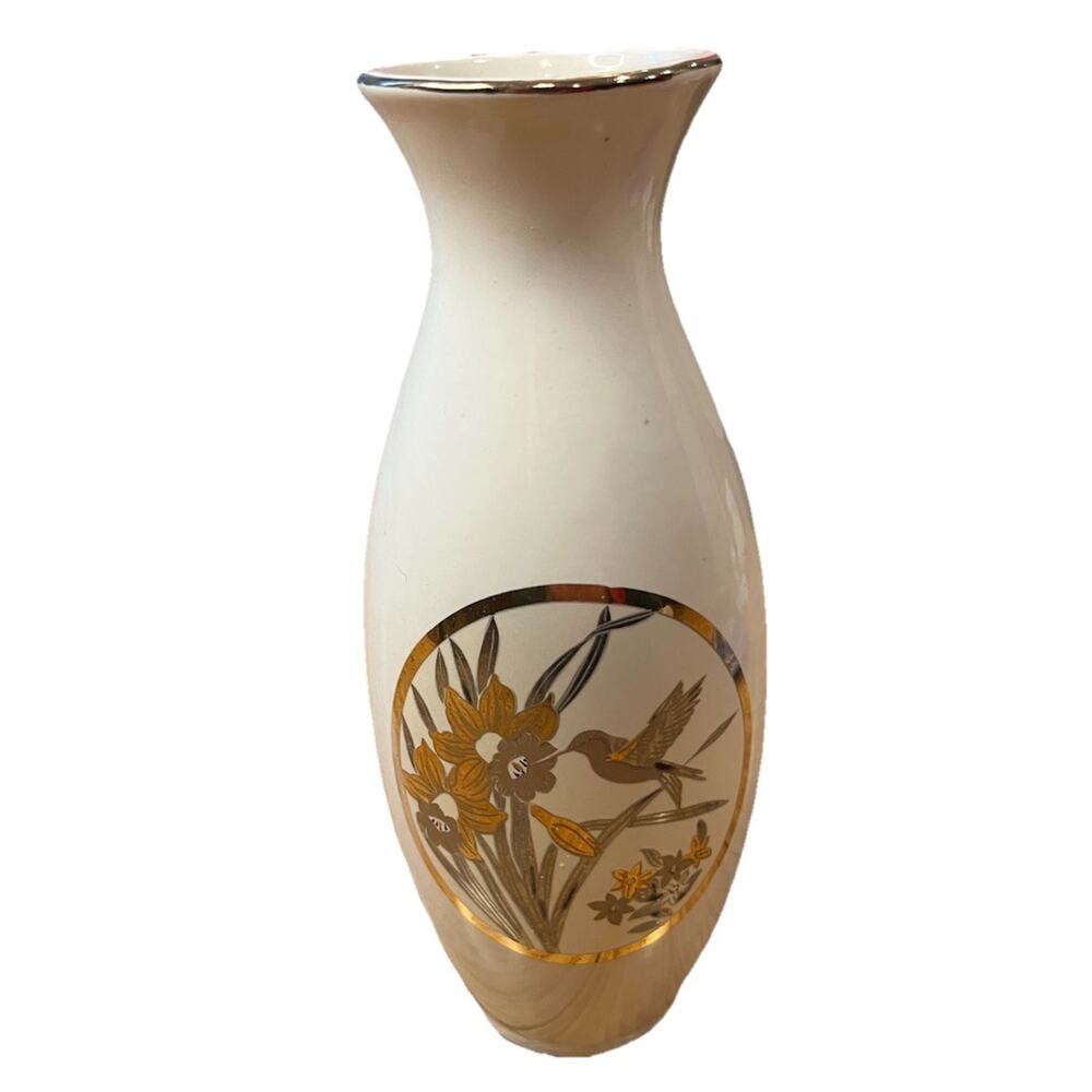 Japanese Vase The Art of Chokin Floral Hummingbird Gold Edged Trim 8”